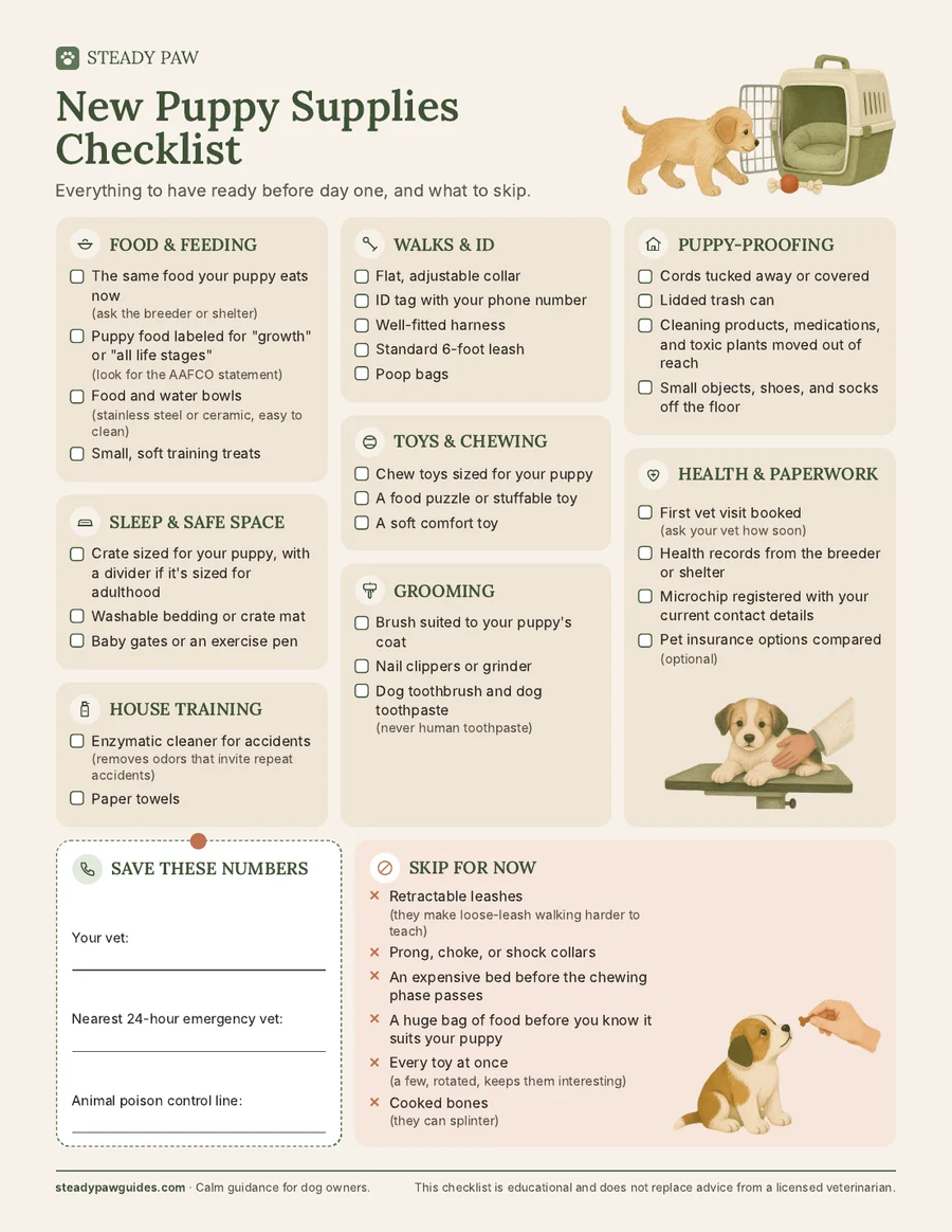 Preview of the one-page New Puppy Supplies Checklist with category cards and watercolor puppy illustrations
